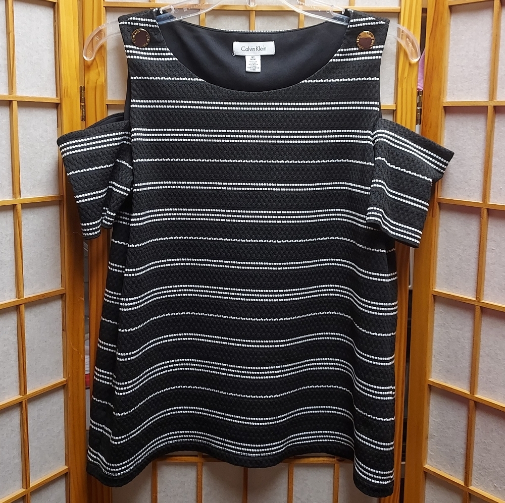 🖤 Calvin Klein cold shoulder stripe blouse women's M junior's L